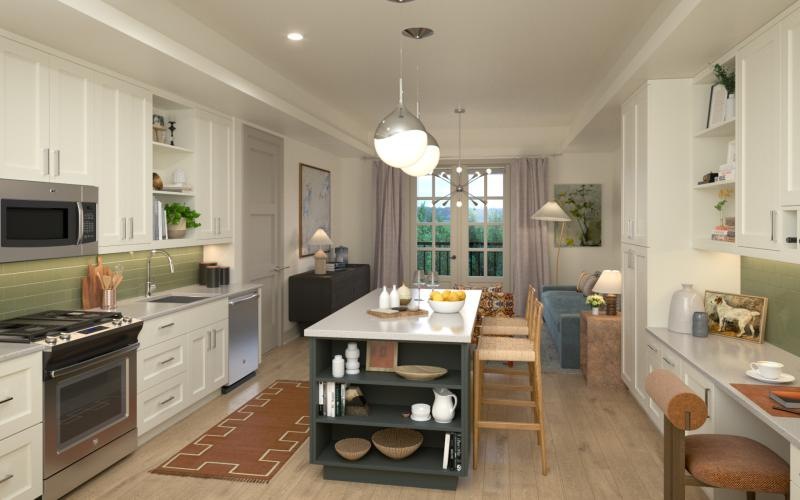 a kitchen with white cabinets