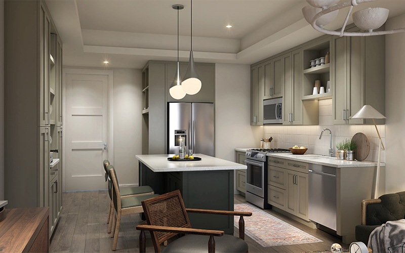 Kitchen with an island in a good Austin apartment at The Maris